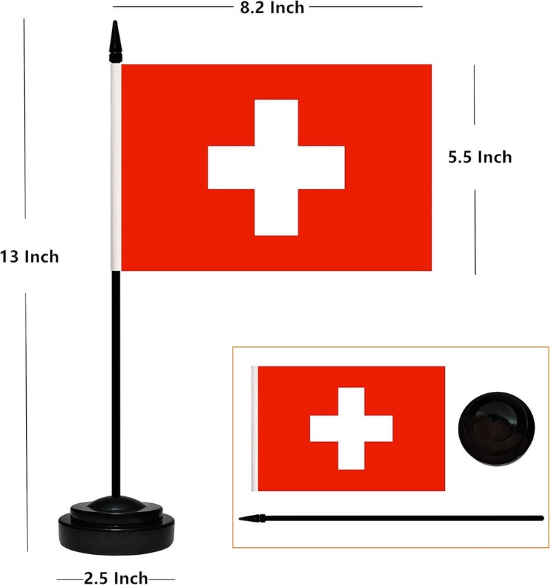 BCLin Switzerland Desk Flag Set, 2 Pack Swiss Table Office Flags, Small Mini Desktop Flag With 12" Solid Black Pole, Black Base, Miniature Desktop Flag - Image 2